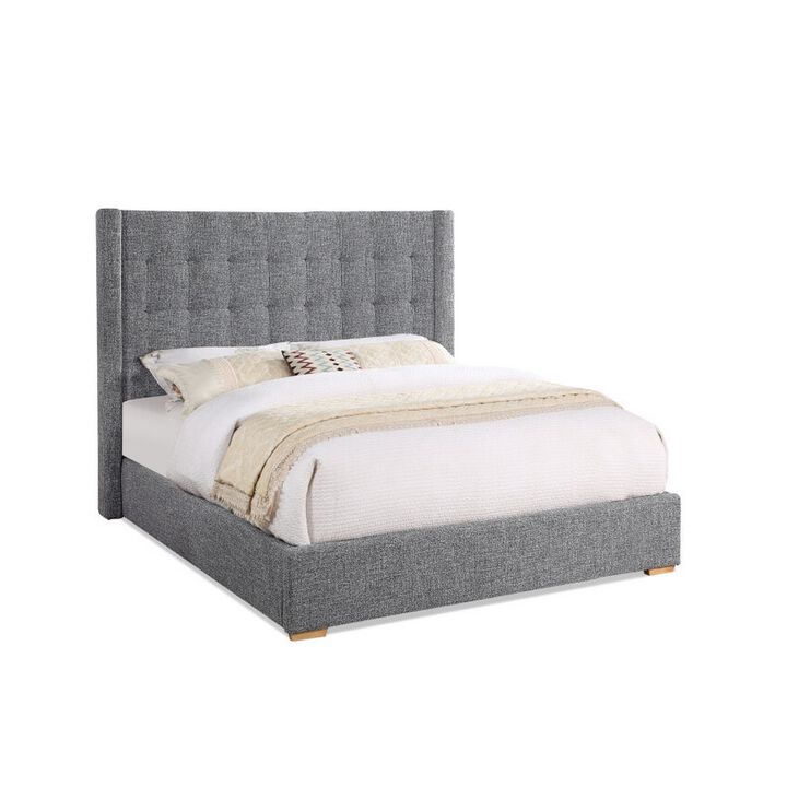 Lyn King Size Platform Bed, Wingback Headboard, Gray Tweed Upholstery - Benzara