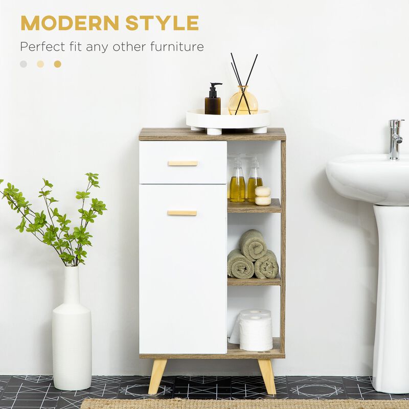 White/Natural Bathroom Storage: Floor Cabinet with Drawer & Shelves