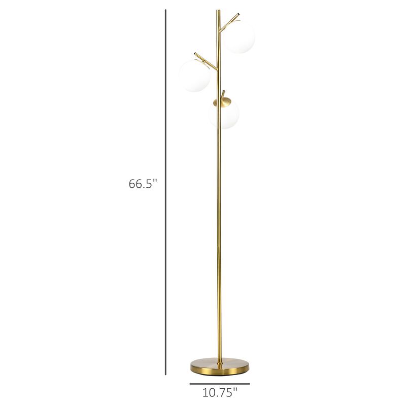 Gold Living Space Illumination: 3-Light Tree Floor Lamp with Globe Shades