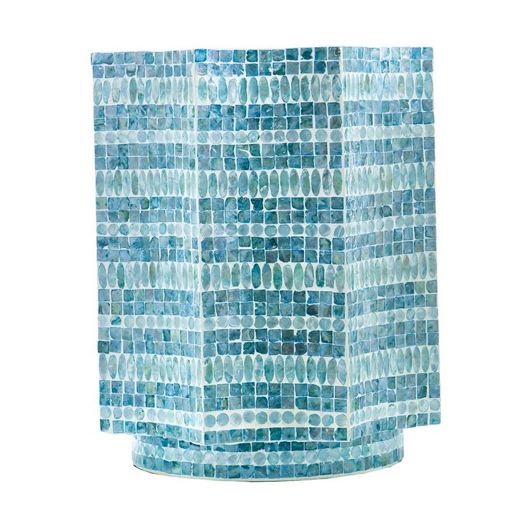 20 Inch Stool Table, Capiz Shell Inlay, Floral Geometric Design, Turquoise - Benzara