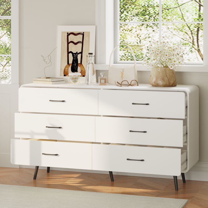 FUFU&GAGA Modern 6-Drawer Dresser, White Storage Cabinet with Black Handles & Legs, Spacious Bedroom Chest of Drawers for Clothes, Living Room & Entryway Organizer (54.9" W x 30.8" H x 15.6" D),White