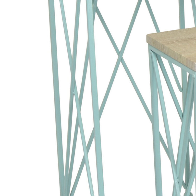 Mito 3pc Nesting Plant Stand Table, Brown Wood Top, X Cross Blue Metal - Benzara