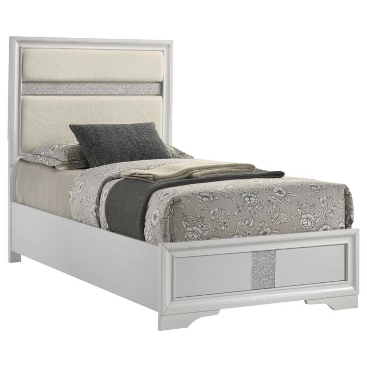 Vino Twin Size Bed, Panel Headboard, White Upholstery, Glitter Stripes - Benzara