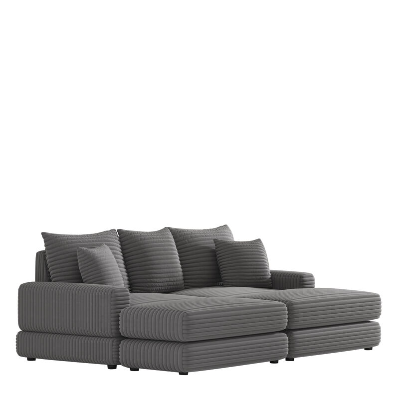Corduroy 3-Seater Sofa Set with Pillows and Ottoman