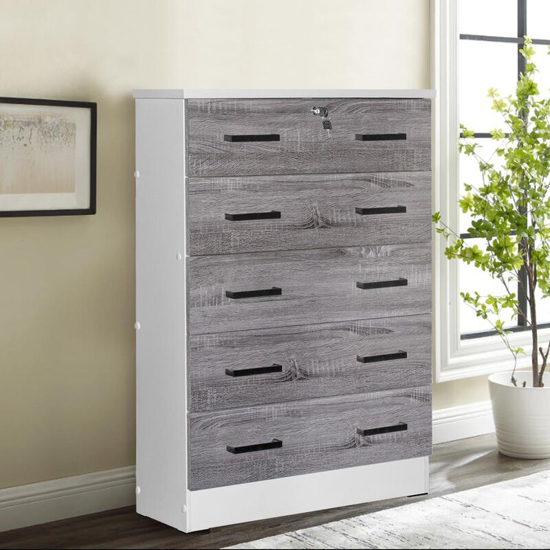 Better Home Products Cindy 5 Drawer Chest Wooden Dresser with Lock in White/Gray