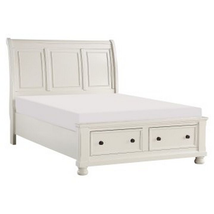 Bency Queen Sleigh Style Platform Bed, 2 Drawer Footboard, Bun Legs, White - Benzara