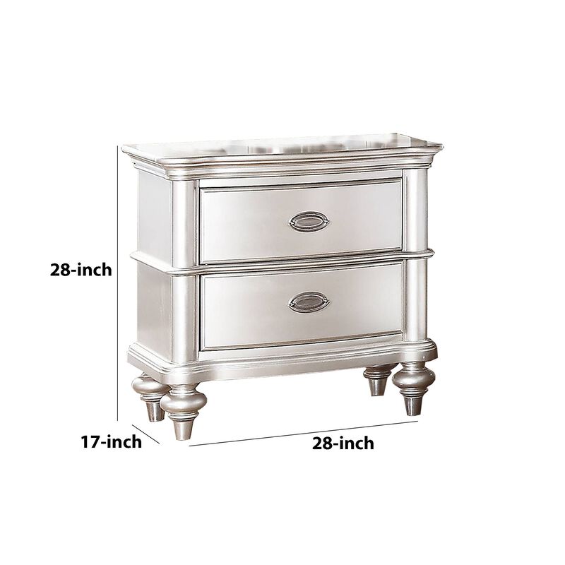 28 Inches 2 Drawer Wooden Nightstand with Turned Legs, Silver-Benzara