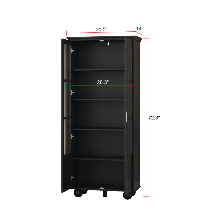 31.5 in. W, Black Wooden 2-Door Standard Bookcase, Storage Cabinet with 5 Shelves Storage and Tempered Glass Doors