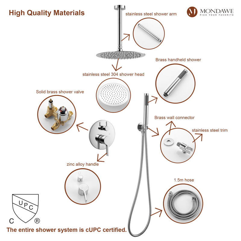 Mondawe Round 1-Spray Patterns Balance Valve Shower Faucets Set with 2.5 GPM Ceiling Mount Dual Shower Heads in Chrome