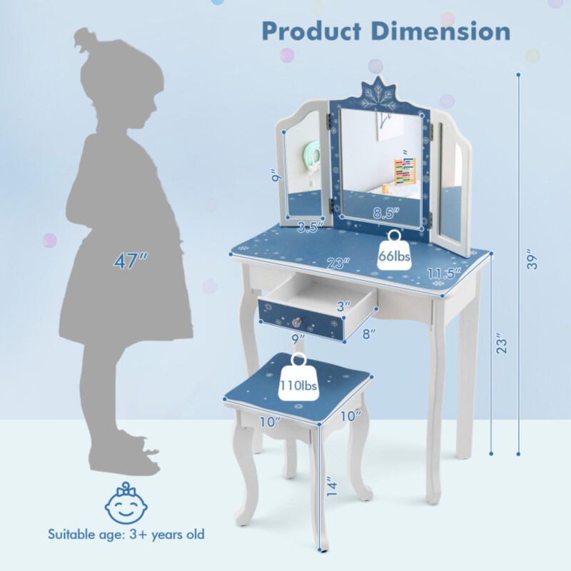 Hivvago Princess Vanity Table and Chair Set with Tri-Folding Mirror and Snowflake Print
