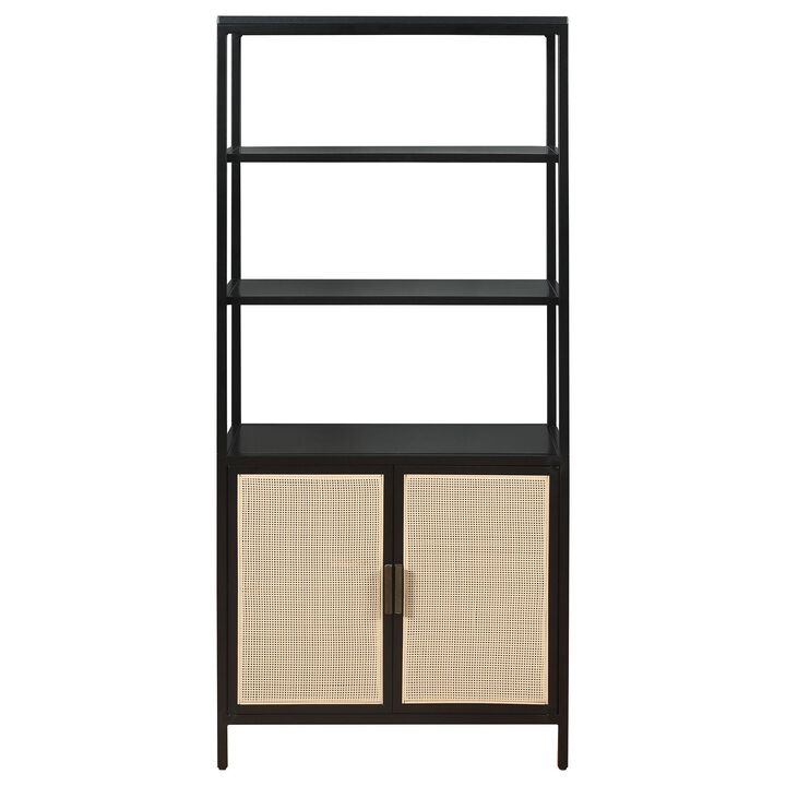 Lanie Tall Accent Cabinet, 3 Shelves 2 Doors, PE Cane, Black Metal - Benzara