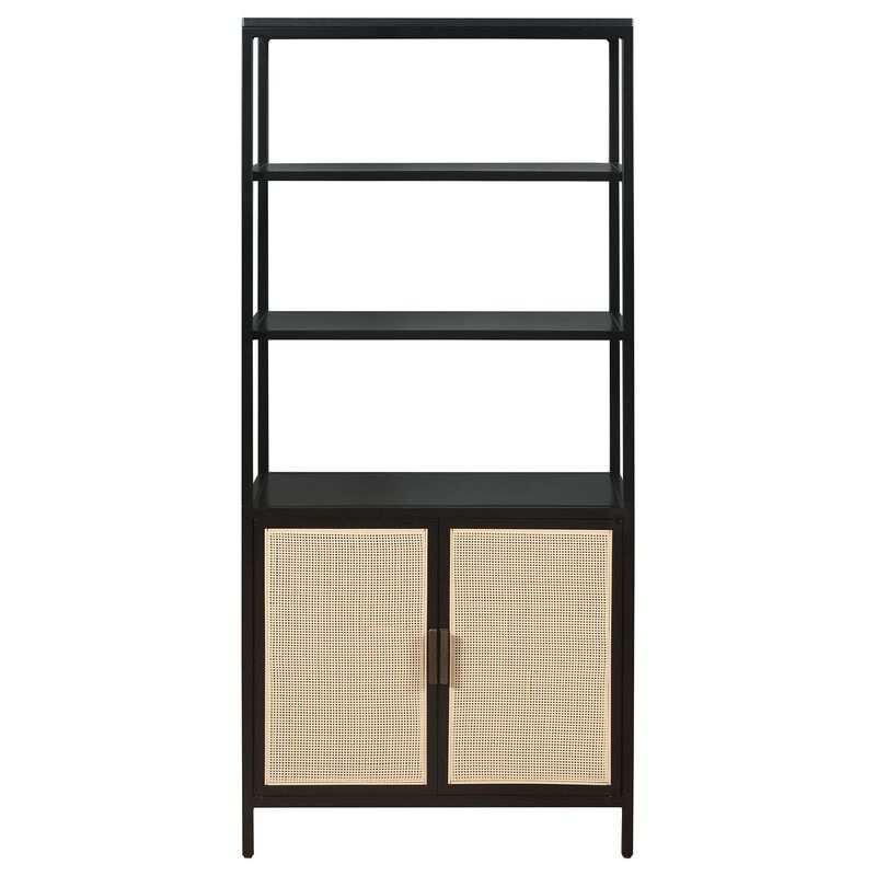 Lanie Tall Accent Cabinet, 3 Shelves 2 Doors, PE Cane, Black Metal - Benzara