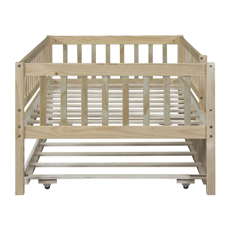 Twin Size Wood Daybed With Trundle And Fence Guardrails