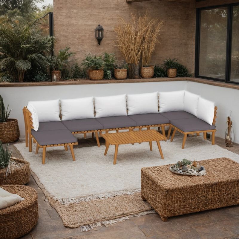 Roma 8pc Modular Outdoor Sofa and Table Set, Solid Acacia Wood, Gray - Benzara