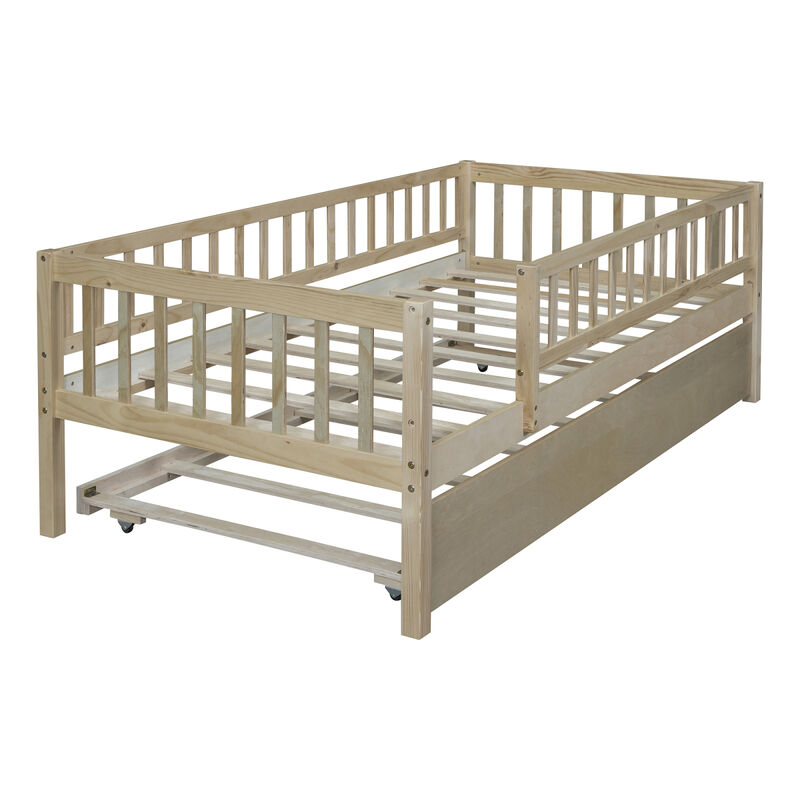 Twin Size Wood Daybed With Trundle And Fence Guardrails
