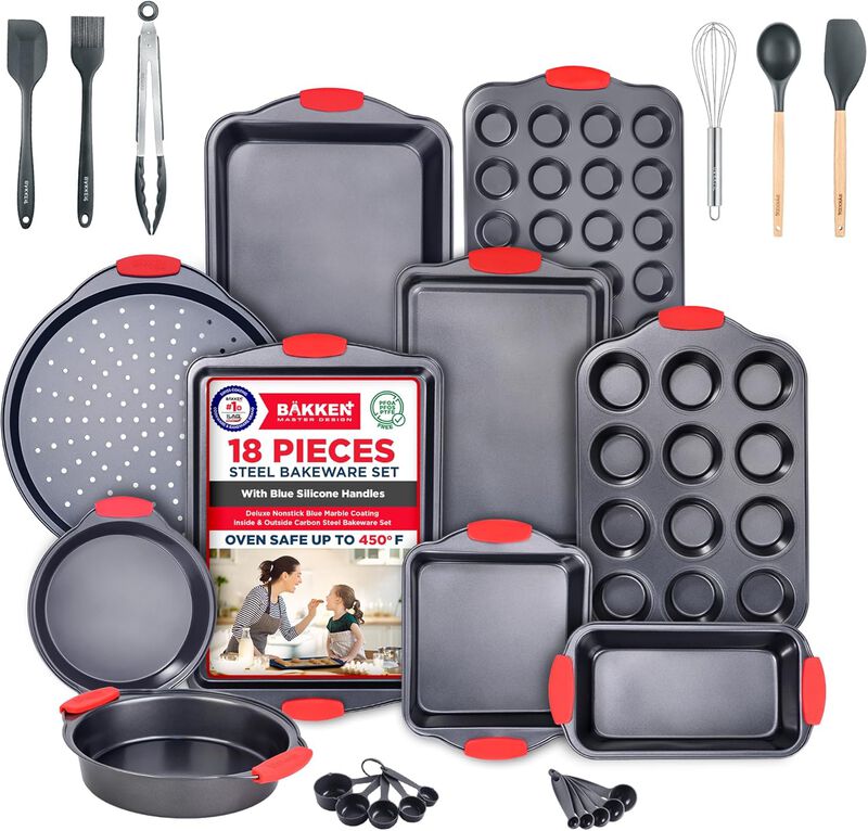 BAKKEN Kitchen Baking Pan Set - Nonstick Coating, Carbon Steel Bakeware Sets with Handles, Baking Kitchen Essentials, PFOA, PFOS, PTFE Free, Oven Safe Tray (Up To 450° F), Set of 18