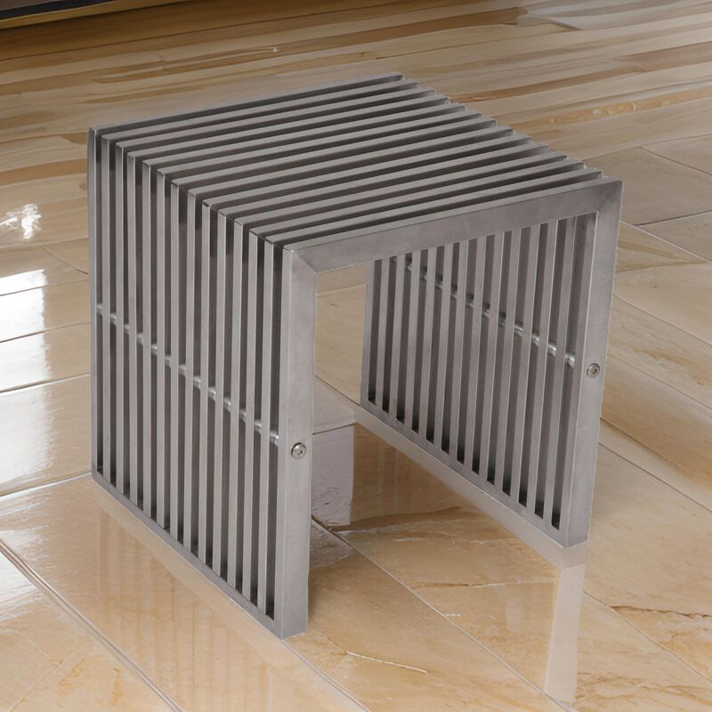 Meza 17 Inch Accent Stool, Waterfall Silver Slatted Panel Frame - Benzara