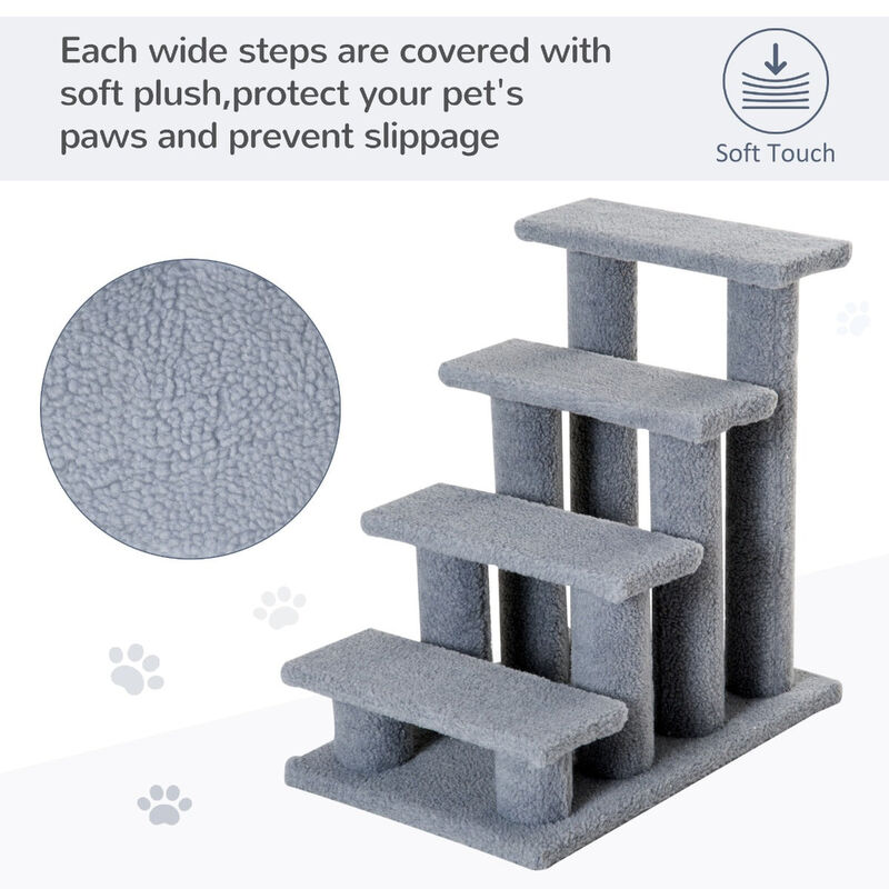 Gray Feline Climber: 25" 4-Step Carpeted Cat Stairs with Toy