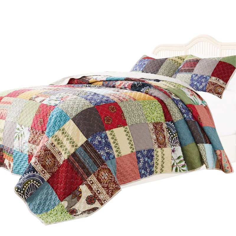 Lily 2 Piece Twin Quilt Set with Pillow Sham, Multicolor Patchwork - Benzara