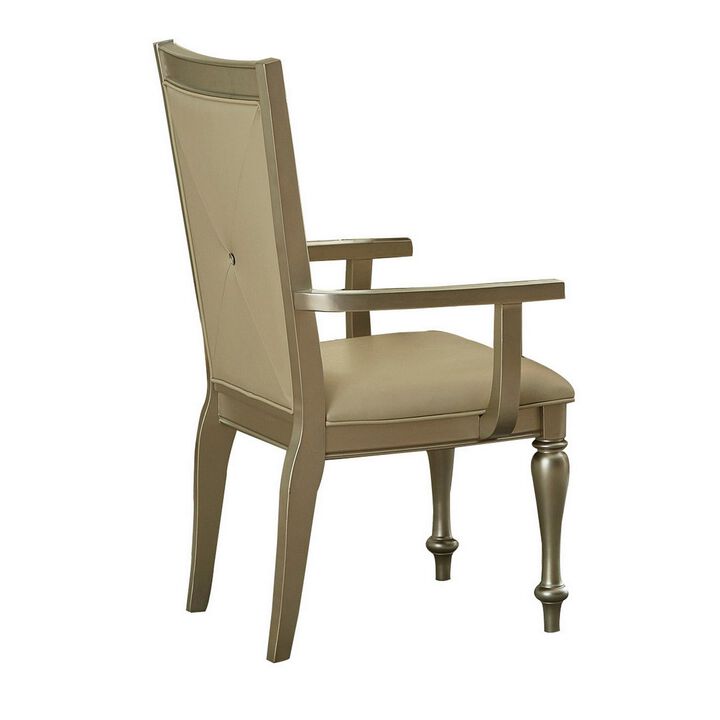 Wooden Arm Chair with Crystal Tufted Leatherette Backrest, Silver-Benzara