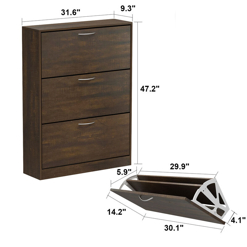 FUFU&GAGA 47.2-in H 3 Tier 12 Pair Composite Shoe Cabinet,(31.6" W x 9.3" D x 47.2" H), Brown