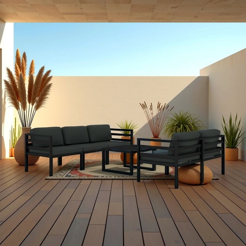 Shina 6pc Outdoor Modular Sofa and Table Set, Black, Gray Cushions - Benzara