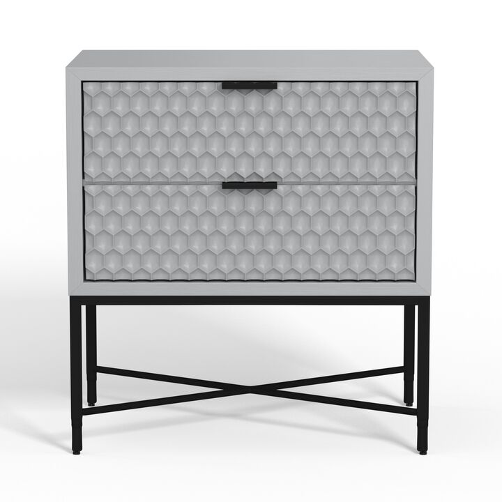 Rexi 26 Inch 2 Drawer Nightstand, Honeycomb, Mahogany, Light Gray, Black-Benzara