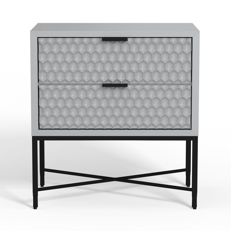 Rexi 26 Inch 2 Drawer Nightstand, Honeycomb, Mahogany, Light Gray, Black-Benzara