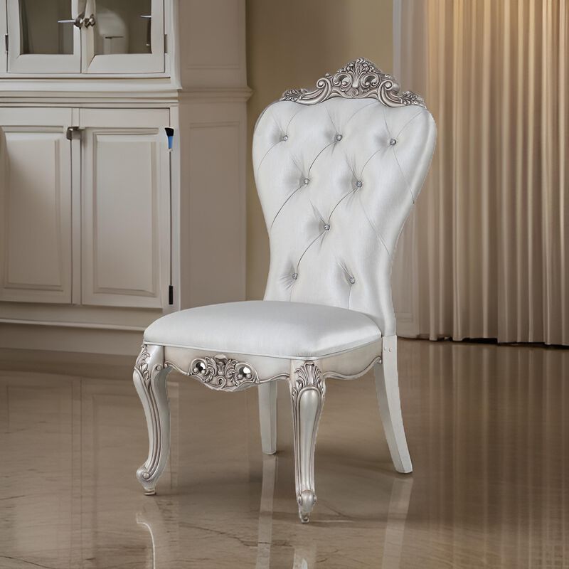 Wooden Side Chairs with Button Tufting, Set of Two, Cream and White - Benzara