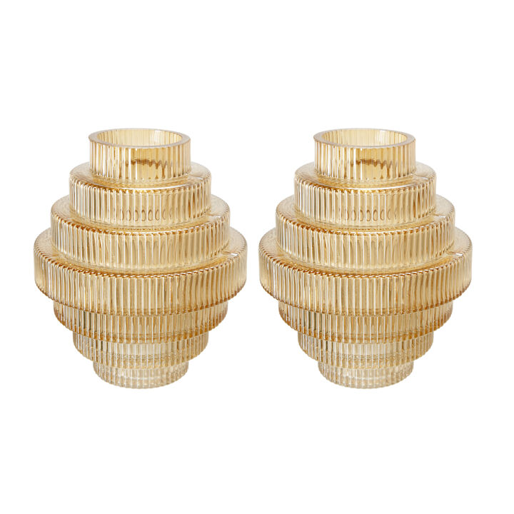 Rae Set of 2 Glass Vases, Geometric Round, Amber Yellow and Clear Finish-Benzara