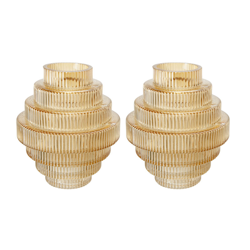 Rae Set of 2 Glass Vases, Geometric Round, Amber Yellow and Clear Finish-Benzara
