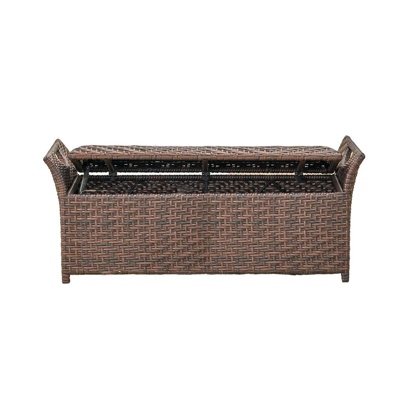 Outdoor Bench with Hinged Lid Storage, 42 Inch Dark Brown PE Rattan - Benzara