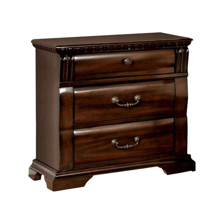 28 Inch Bedside Nightstand, 3 Drawers with Pewter Handles, Classic Dark Cherry Brown Solid Wood-Benzara