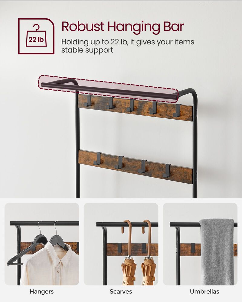 Hall Tree Coat Rack and Shoe Bench with Wood Accent and Metal Frame