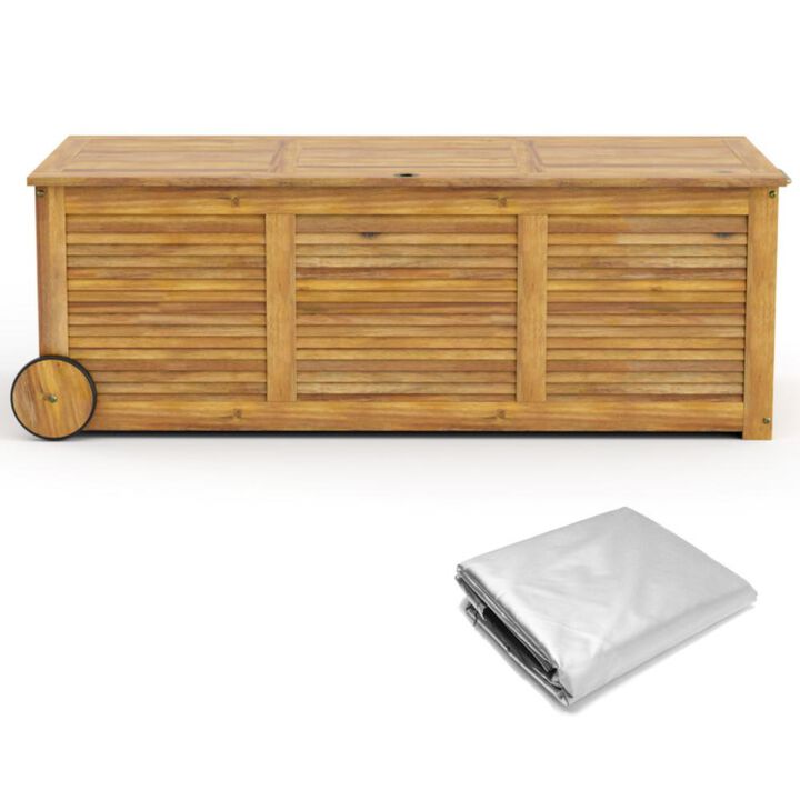 Hivvago Rolling Patio Wooden Deck Box with 2 Wheels and Side Handle for Outdoor