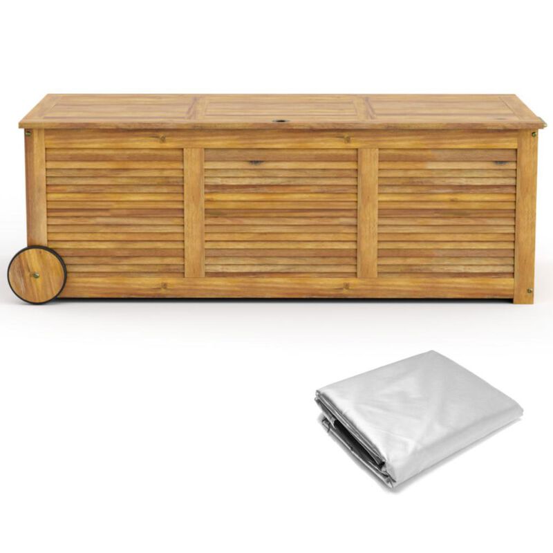 Hivvago Rolling Patio Wooden Deck Box with 2 Wheels and Side Handle for Outdoor