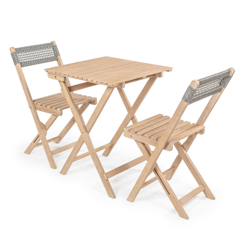 Sitges Modern Mid-Century 3-Piece Roped Acacia Wood Outdoor Folding Bistro Set