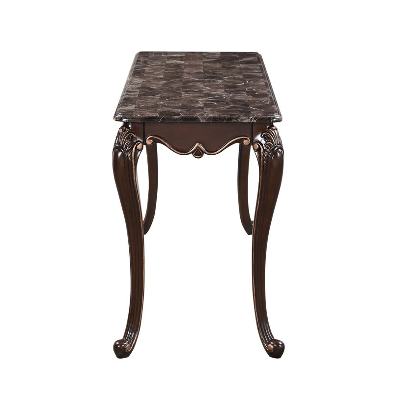Cona 58 Inch Console Table, Carved Gold Accents, Cherry Brown, Gray, White - Benzara
