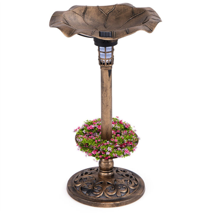 Outdoor Birdbath with Feeder & Solar Lamp, Freestanding Garden Decoration
