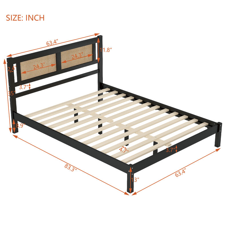 Merax Wood Platform Bed with Natural Rattan Headboard