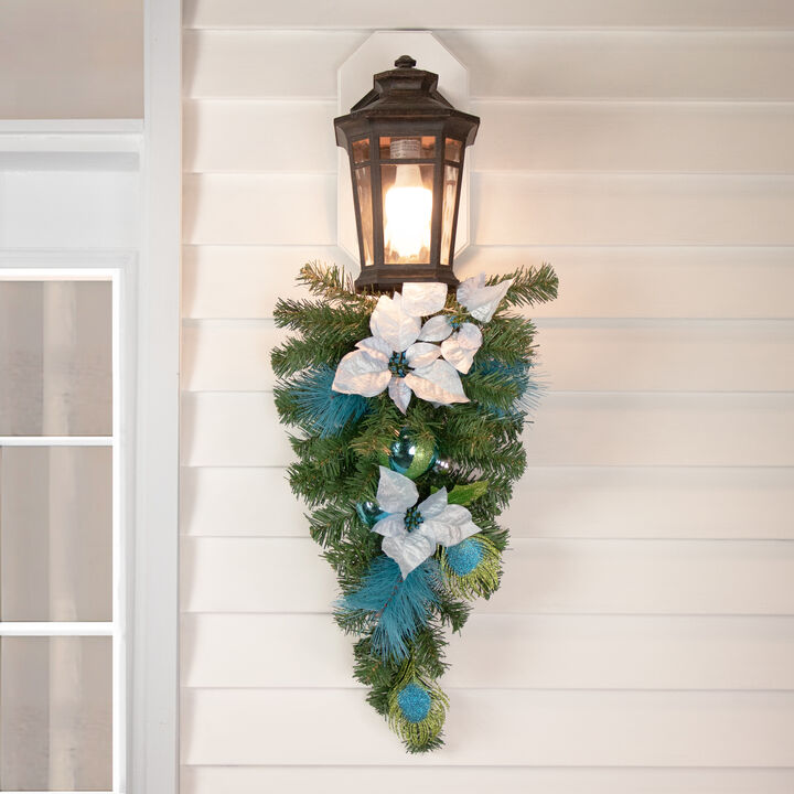 22" Peacock Feather and Poinsettia Artificial Christmas Teardrop Swag  Unlit