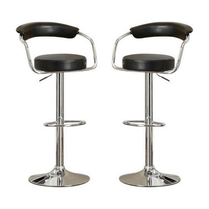 Round Seat Bar Stool With Gas Lift Black and Silver Set of 2-Benzara