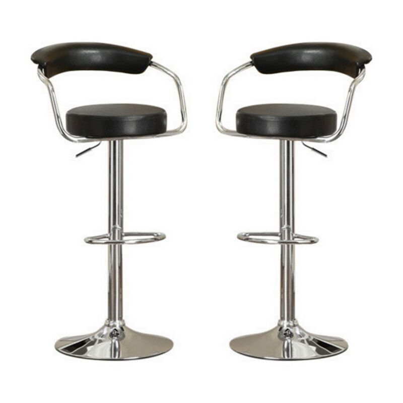 Round Seat Bar Stool With Gas Lift Black and Silver Set of 2-Benzara