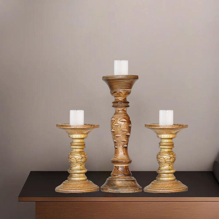 Traditional Medium Burnt Eco-friendly Handmade Mango Wood Set Of Three 6",12" & 6" Pillar Candle Holder
