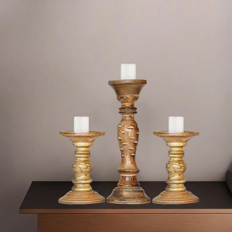 Traditional Medium Burnt Eco-friendly Handmade Mango Wood Set Of Three 6",12" & 6" Pillar Candle Holder