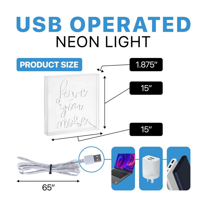 Love You More 15" Square Contemporary Glam Acrylic Box USB Operated LED Neon Light