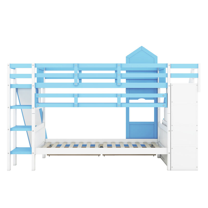 Twin Over Twin Castle Style Bunk Bed With 2 Drawers 3 Shelves And Slide