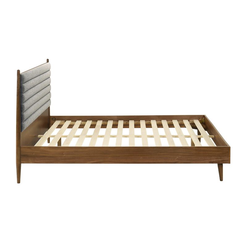 Benjara Mian King Platform Bed Frame, Channel Tufted, Walnut, Upholstery, Brown and Gray