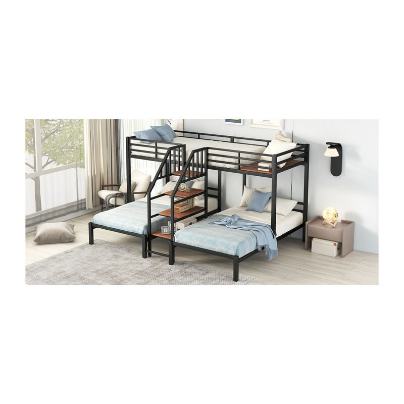 Metal Twin Over Twin & Twin Bunk Bed, Triple Bunk Bed With Storage Shelves Staircase
