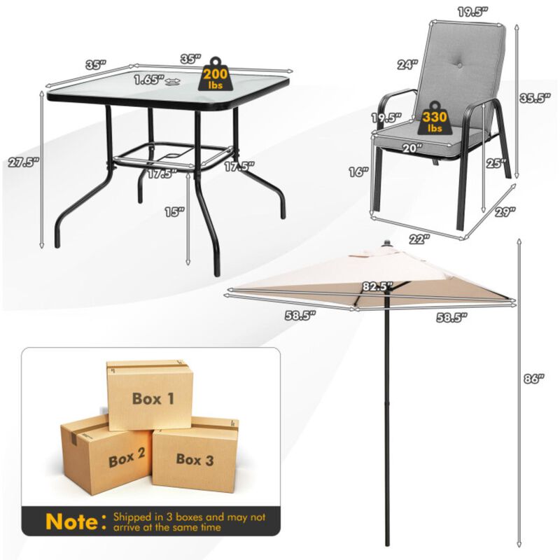 Hivvago 6 Pieces Patio Dining Set with Umbrella and Stackable Cushioned Chairs